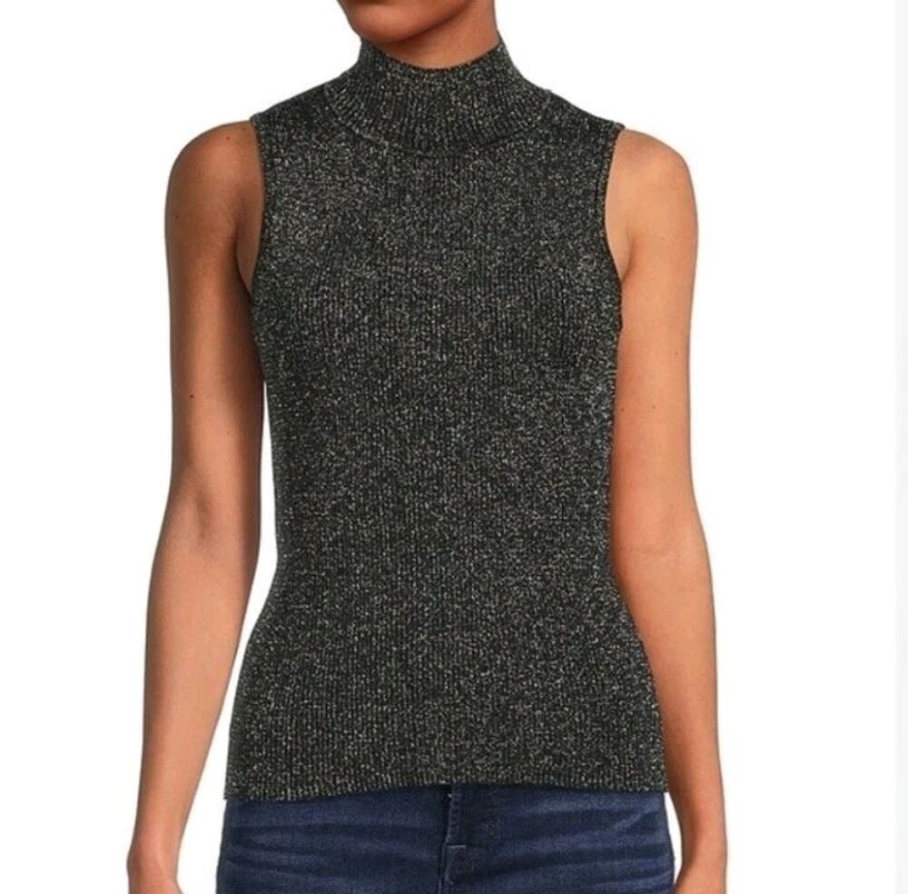 T Tahari Silver Glitter Metallic Mock Neck Sleeveless Stretch Top XS